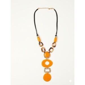 Chunky Orange Resin & Faux Tortoise Statement Necklace C est.1946 Boho Gold Tone